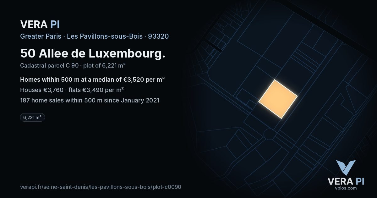 50 Allee de Luxembourg, Les Pavillons-sous-Bois at night – the plot lit, the parcels around coloured by the prices near them