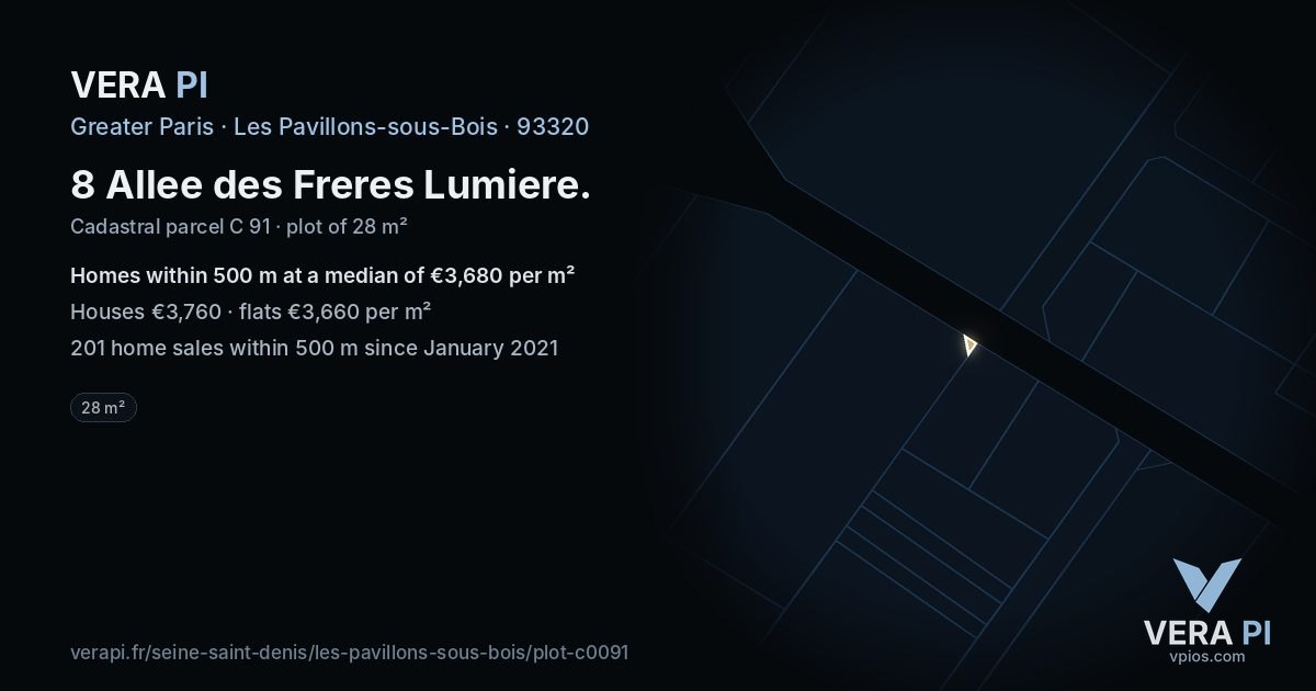 8 Allee des Freres Lumiere, Les Pavillons-sous-Bois at night – the plot lit, the parcels around coloured by the prices near them