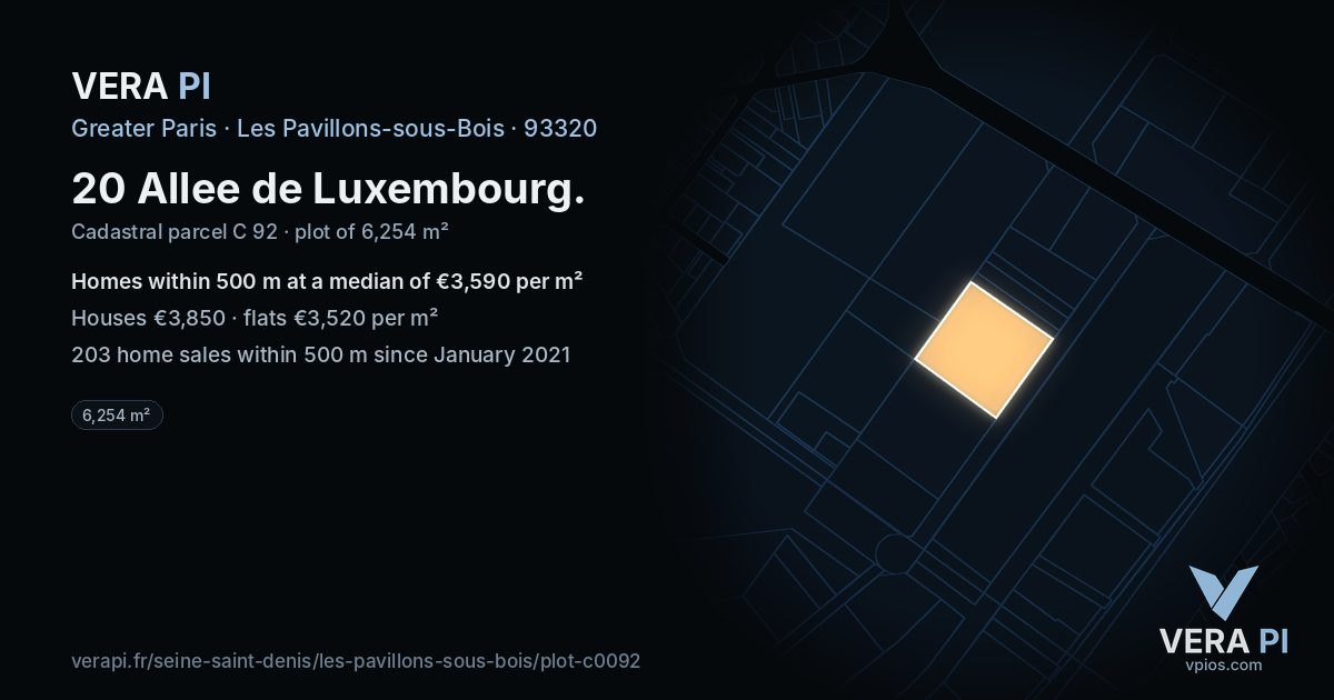 20 Allee de Luxembourg, Les Pavillons-sous-Bois at night – the plot lit, the parcels around coloured by the prices near them