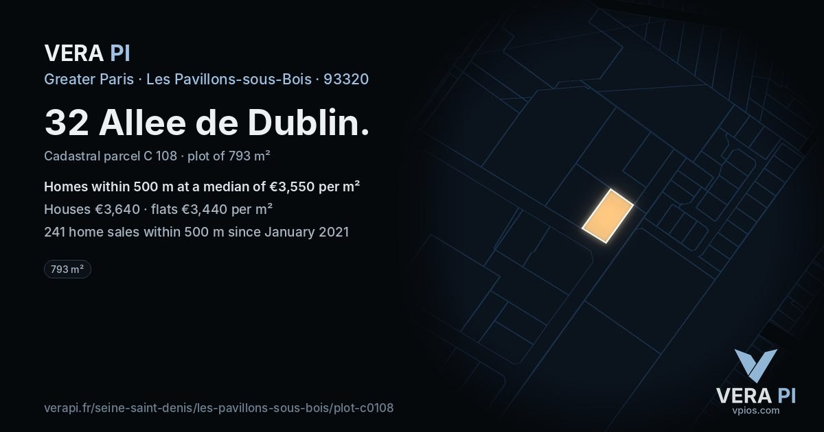 32 Allee de Dublin, Les Pavillons-sous-Bois at night – the plot lit, the parcels around coloured by the prices near them