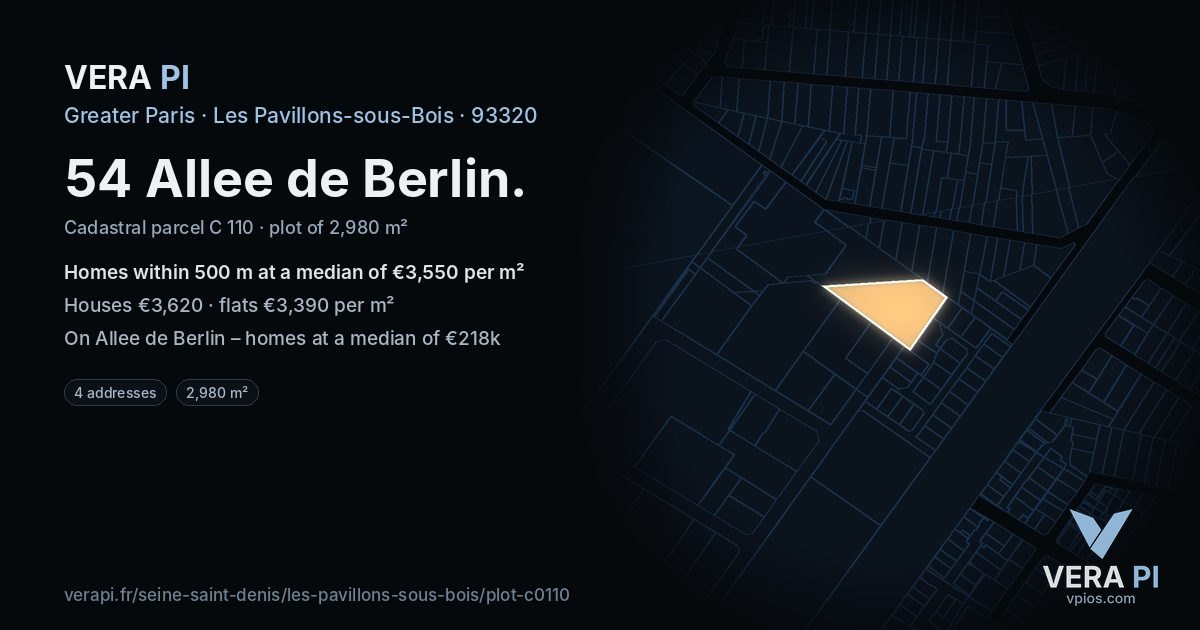 54 Allee de Berlin, Les Pavillons-sous-Bois at night – the plot lit, the parcels around coloured by the prices near them