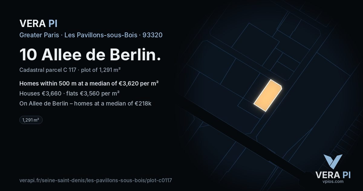 10 Allee de Berlin, Les Pavillons-sous-Bois at night – the plot lit, the parcels around coloured by the prices near them