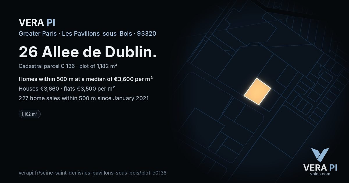 26 Allee de Dublin, Les Pavillons-sous-Bois at night – the plot lit, the parcels around coloured by the prices near them