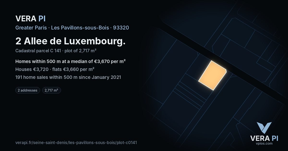 2 Allee de Luxembourg, Les Pavillons-sous-Bois at night – the plot lit, the parcels around coloured by the prices near them