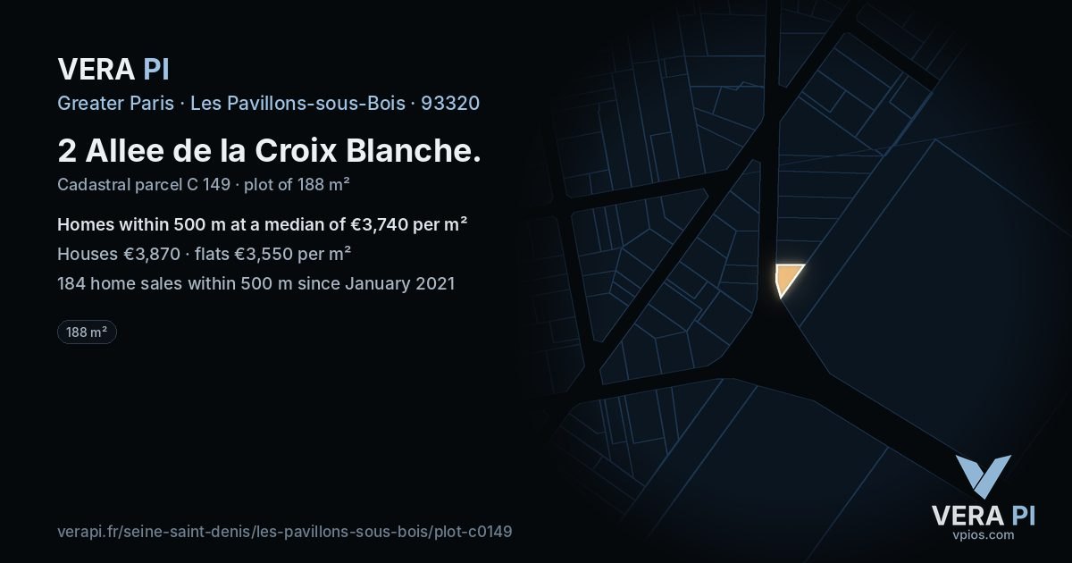 2 Allee de la Croix Blanche, Les Pavillons-sous-Bois at night – the plot lit, the parcels around coloured by the prices near them
