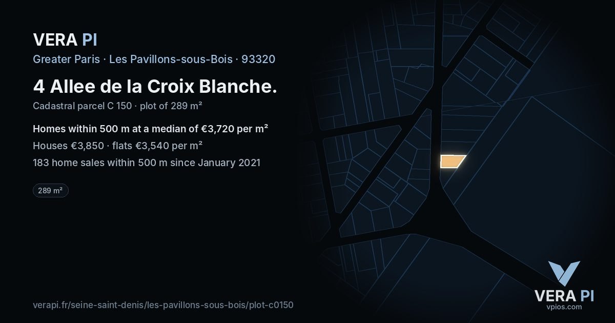 4 Allee de la Croix Blanche, Les Pavillons-sous-Bois at night – the plot lit, the parcels around coloured by the prices near them