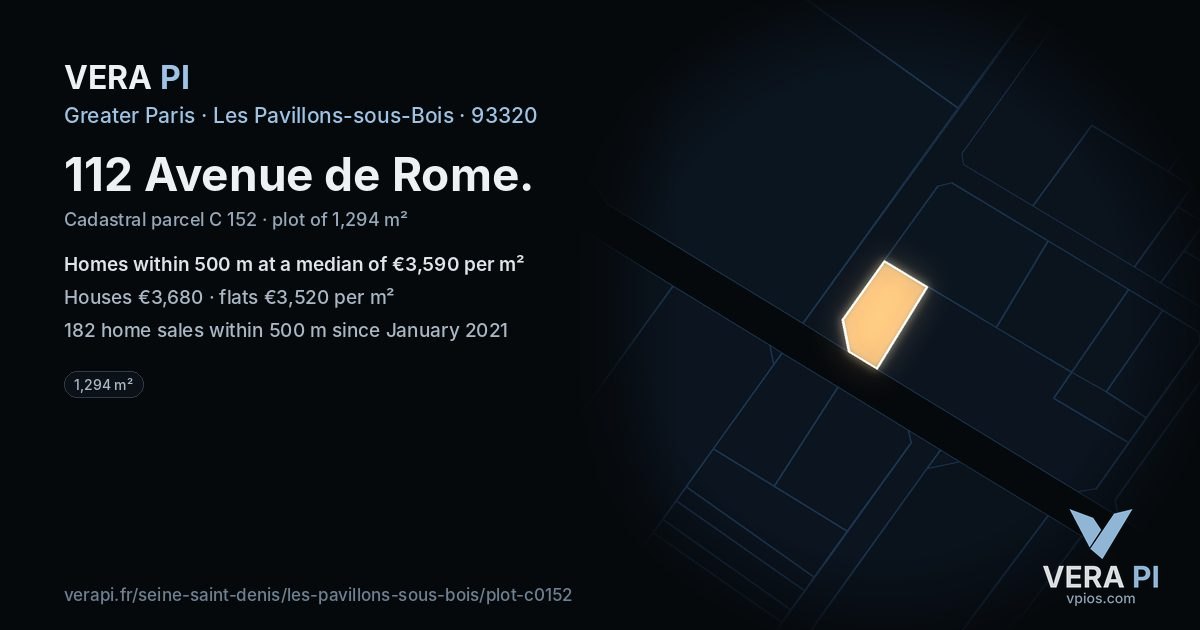 112 Avenue de Rome, Les Pavillons-sous-Bois at night – the plot lit, the parcels around coloured by the prices near them