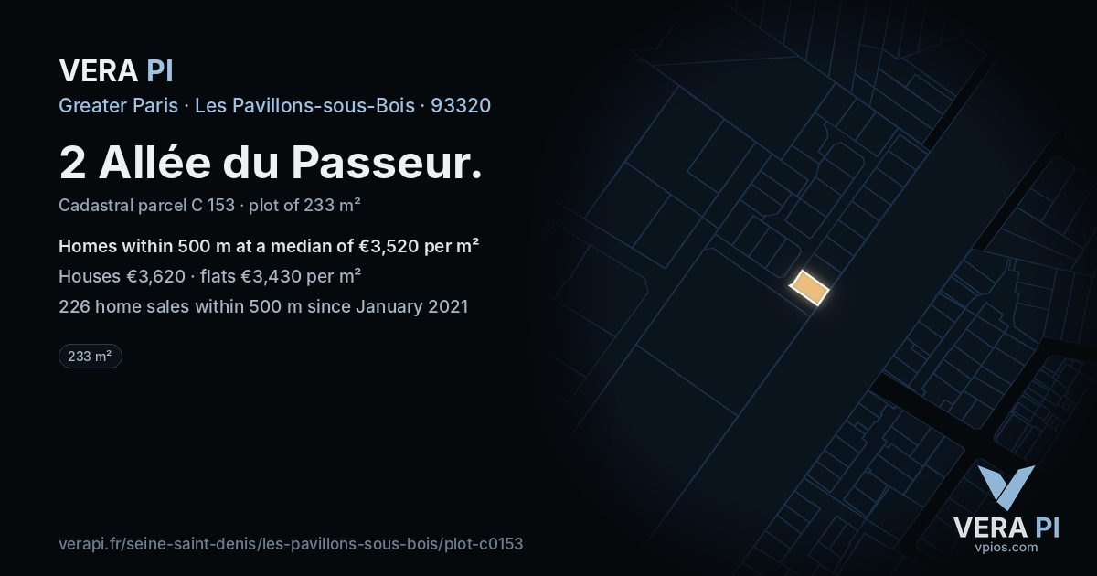 2 Allée du Passeur, Les Pavillons-sous-Bois at night – the plot lit, the parcels around coloured by the prices near them