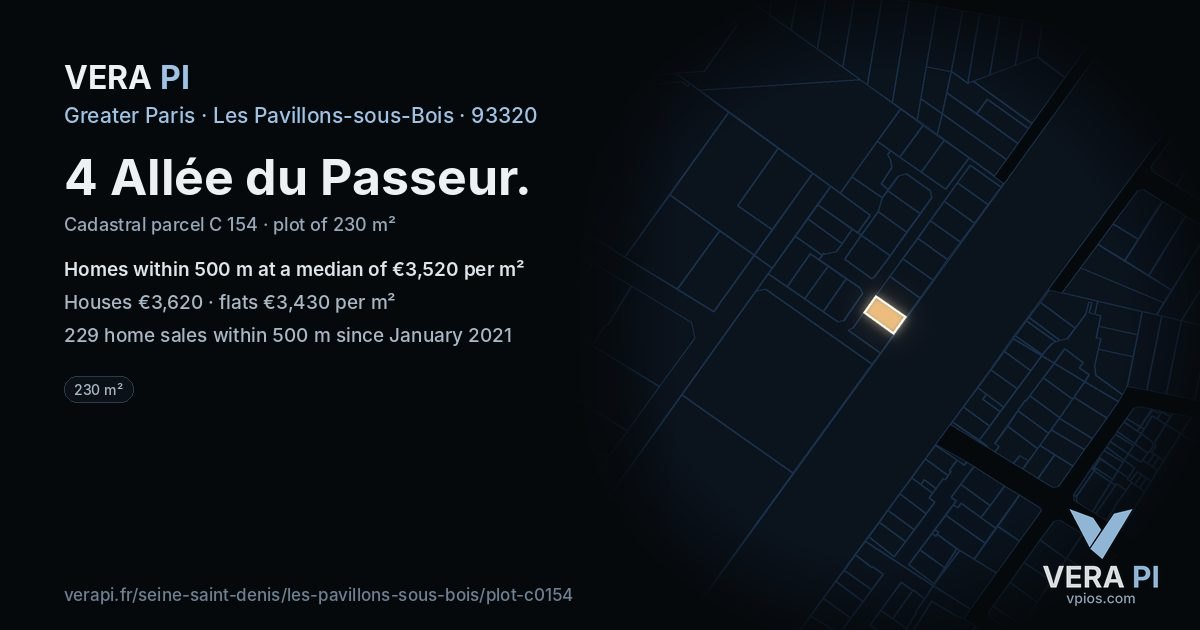 4 Allée du Passeur, Les Pavillons-sous-Bois at night – the plot lit, the parcels around coloured by the prices near them