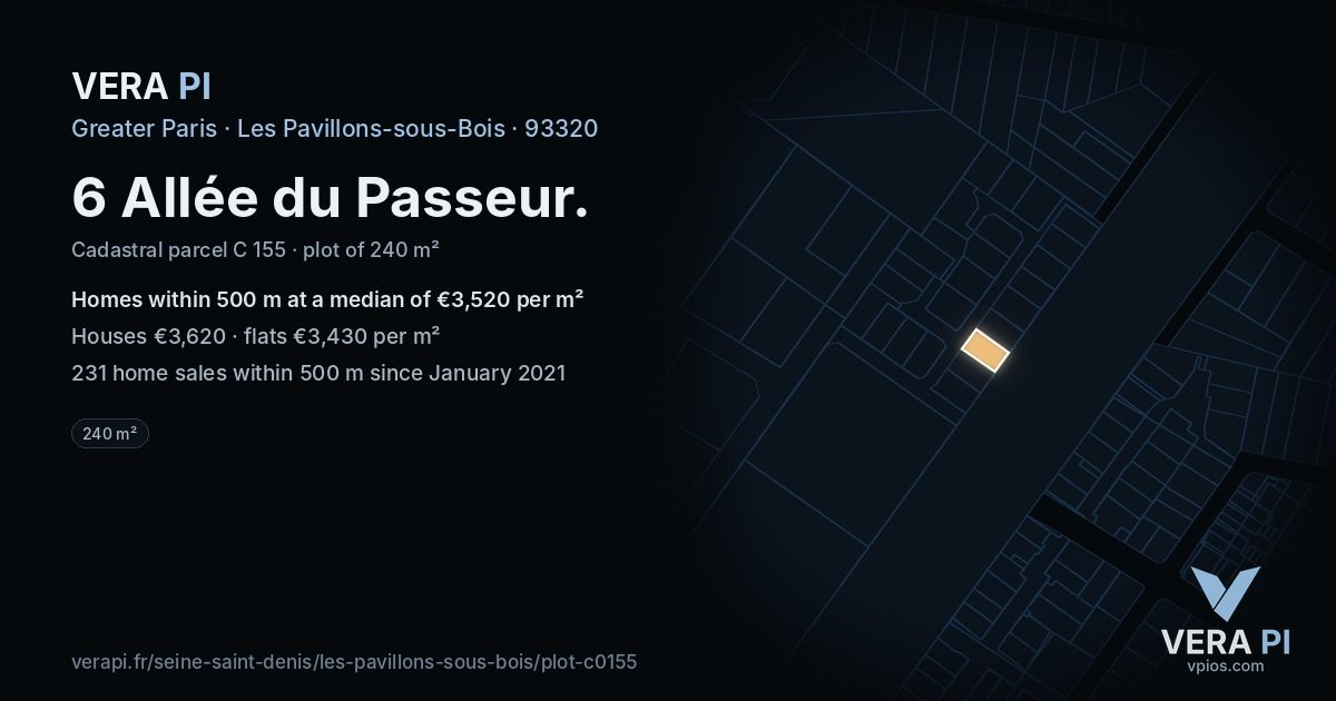 6 Allée du Passeur, Les Pavillons-sous-Bois at night – the plot lit, the parcels around coloured by the prices near them