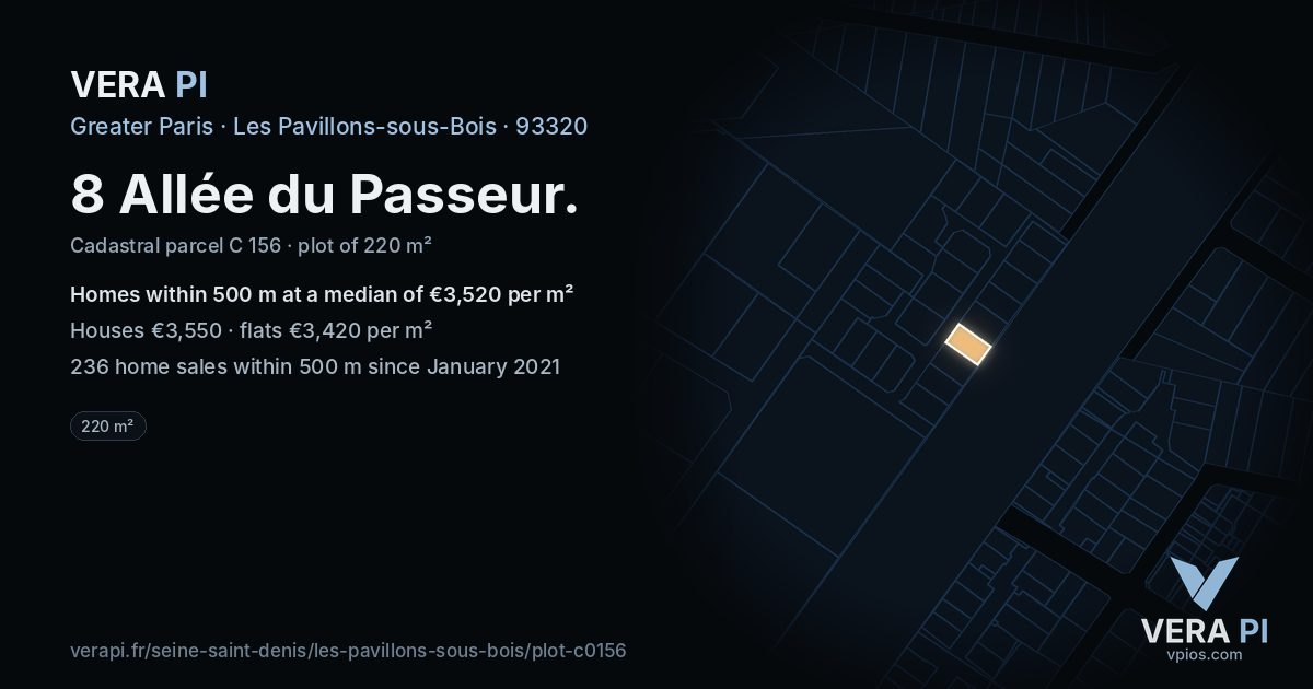 8 Allée du Passeur, Les Pavillons-sous-Bois at night – the plot lit, the parcels around coloured by the prices near them