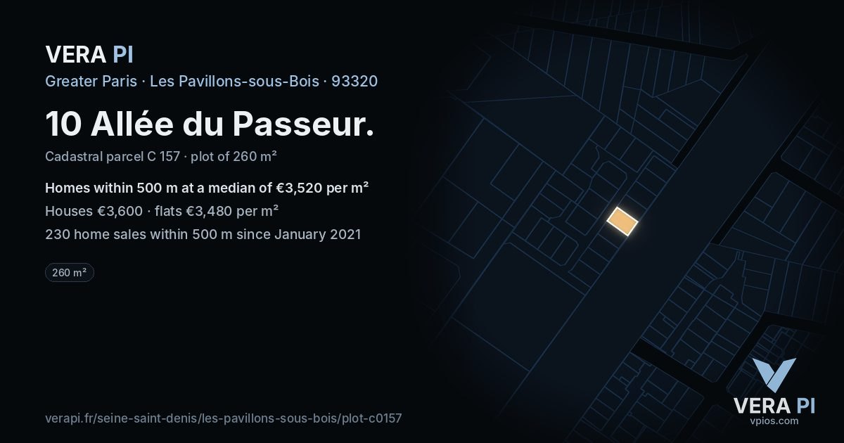 10 Allée du Passeur, Les Pavillons-sous-Bois at night – the plot lit, the parcels around coloured by the prices near them