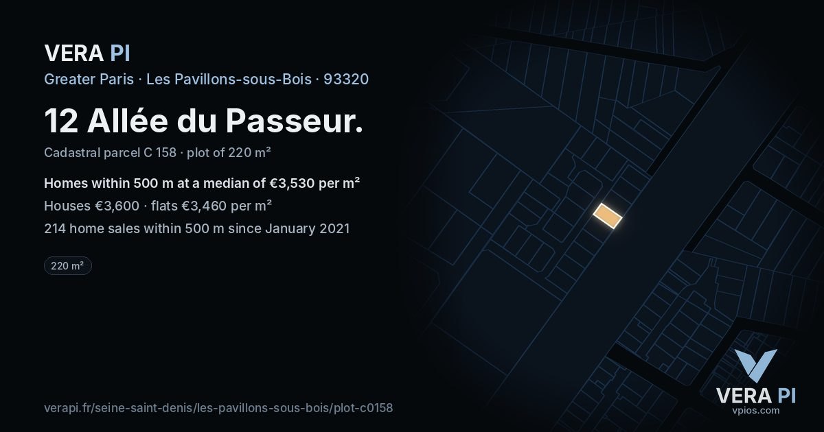 12 Allée du Passeur, Les Pavillons-sous-Bois at night – the plot lit, the parcels around coloured by the prices near them