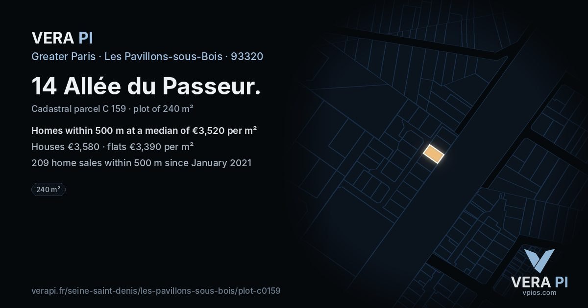 14 Allée du Passeur, Les Pavillons-sous-Bois at night – the plot lit, the parcels around coloured by the prices near them