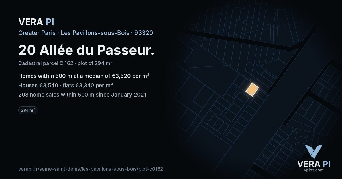 20 Allée du Passeur, Les Pavillons-sous-Bois at night – the plot lit, the parcels around coloured by the prices near them