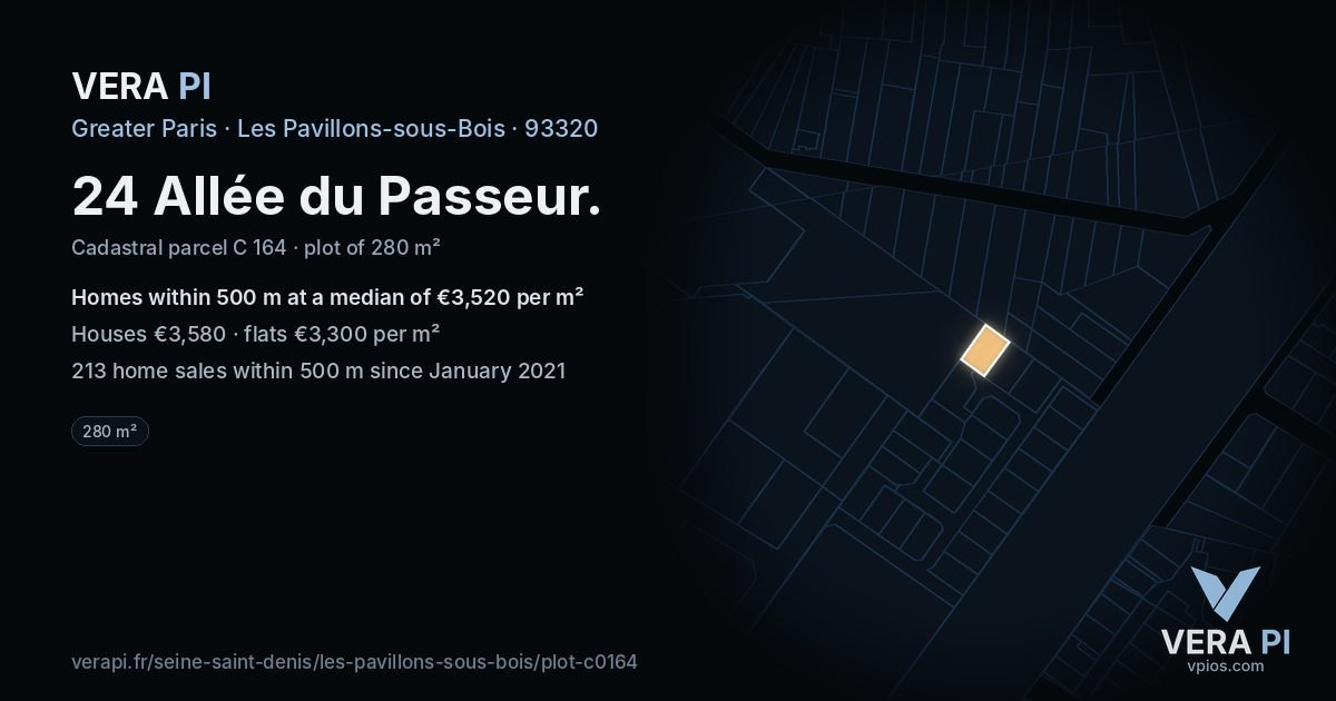 24 Allée du Passeur, Les Pavillons-sous-Bois at night – the plot lit, the parcels around coloured by the prices near them