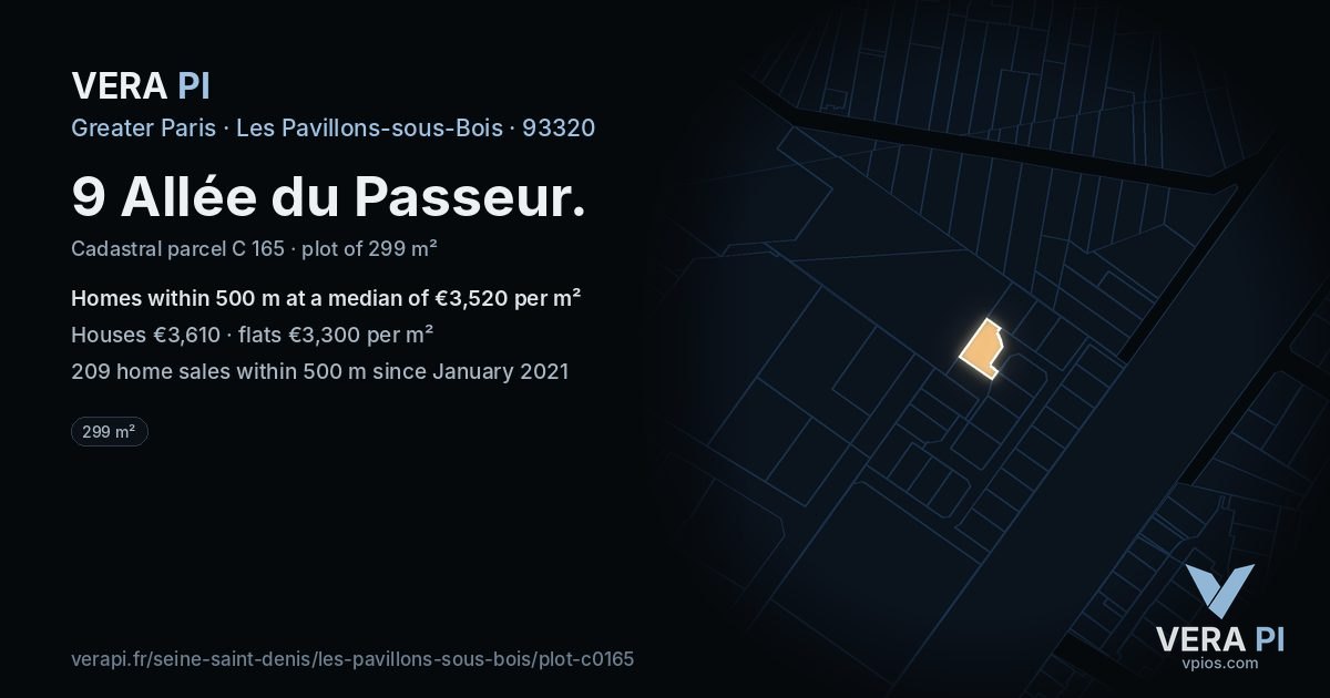 9 Allée du Passeur, Les Pavillons-sous-Bois at night – the plot lit, the parcels around coloured by the prices near them
