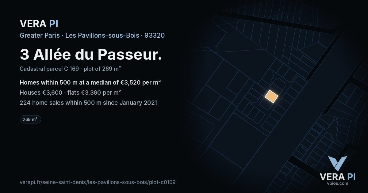 3 Allée du Passeur, Les Pavillons-sous-Bois at night – the plot lit, the parcels around coloured by the prices near them