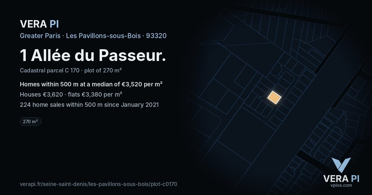 1 Allée du Passeur, Les Pavillons-sous-Bois at night – the plot lit, the parcels around coloured by the prices near them