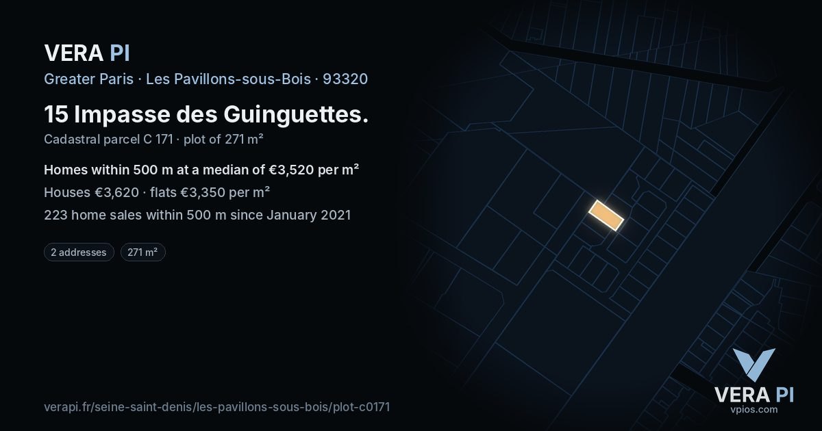 15 Impasse des Guinguettes, Les Pavillons-sous-Bois at night – the plot lit, the parcels around coloured by the prices near them
