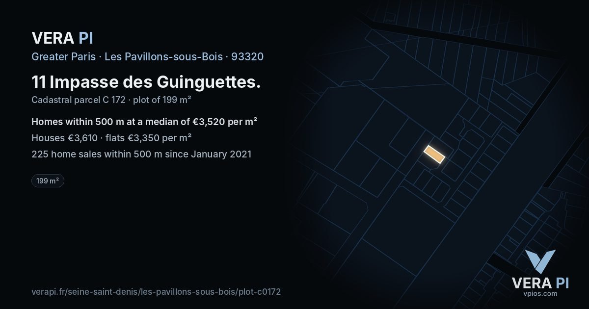 11 Impasse des Guinguettes, Les Pavillons-sous-Bois at night – the plot lit, the parcels around coloured by the prices near them