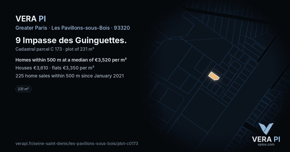 9 Impasse des Guinguettes, Les Pavillons-sous-Bois at night – the plot lit, the parcels around coloured by the prices near them