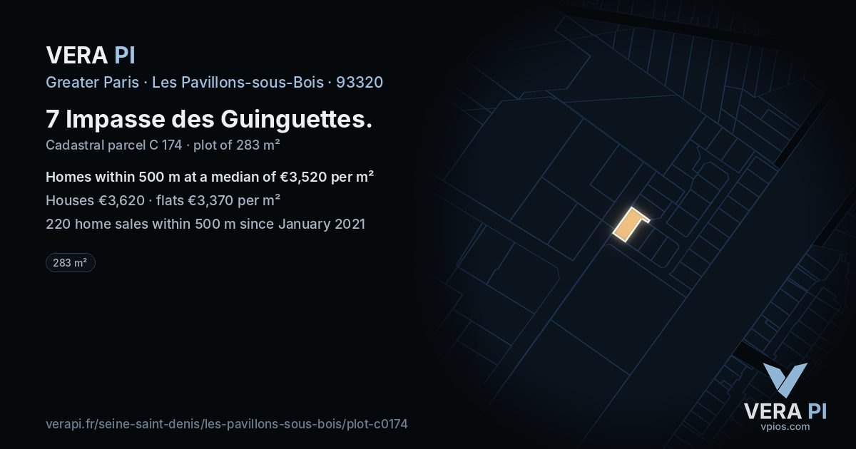 7 Impasse des Guinguettes, Les Pavillons-sous-Bois at night – the plot lit, the parcels around coloured by the prices near them