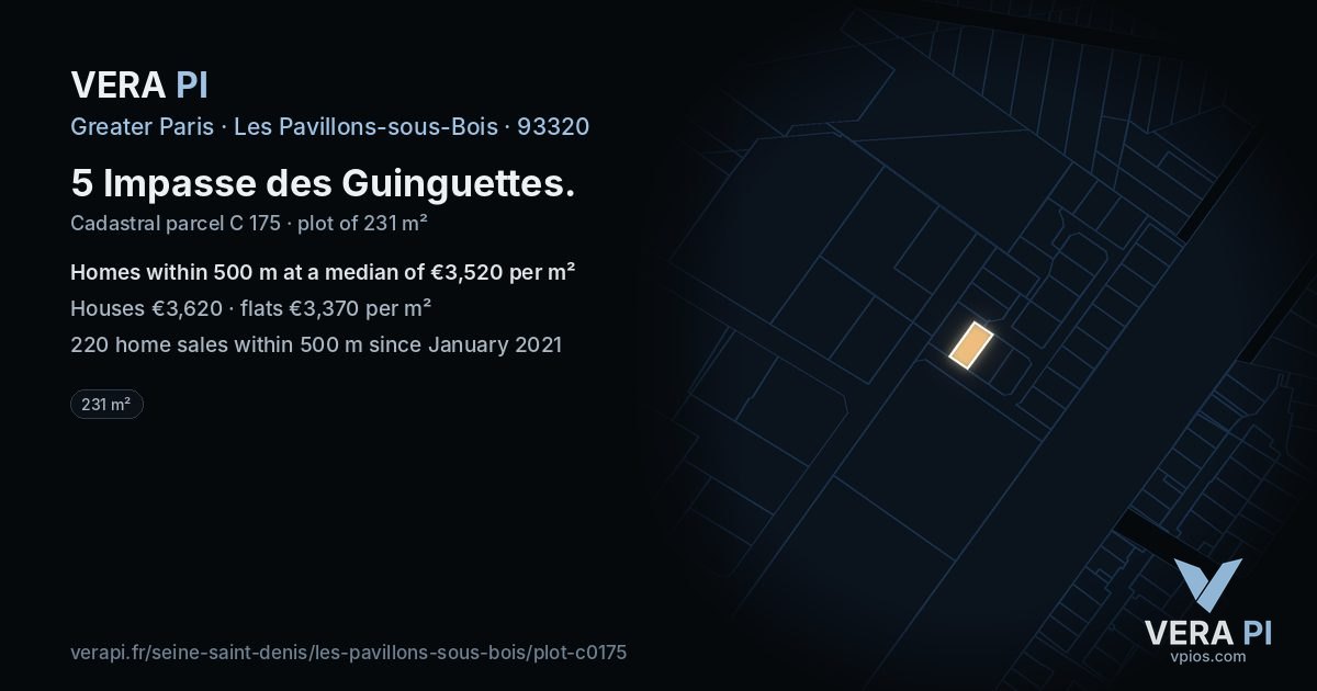 5 Impasse des Guinguettes, Les Pavillons-sous-Bois at night – the plot lit, the parcels around coloured by the prices near them
