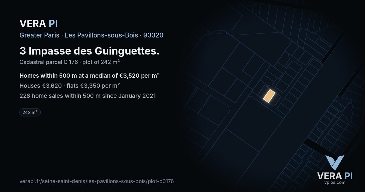 3 Impasse des Guinguettes, Les Pavillons-sous-Bois at night – the plot lit, the parcels around coloured by the prices near them