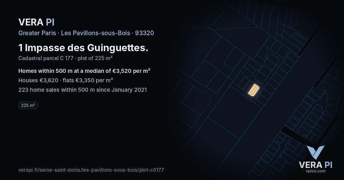 1 Impasse des Guinguettes, Les Pavillons-sous-Bois at night – the plot lit, the parcels around coloured by the prices near them
