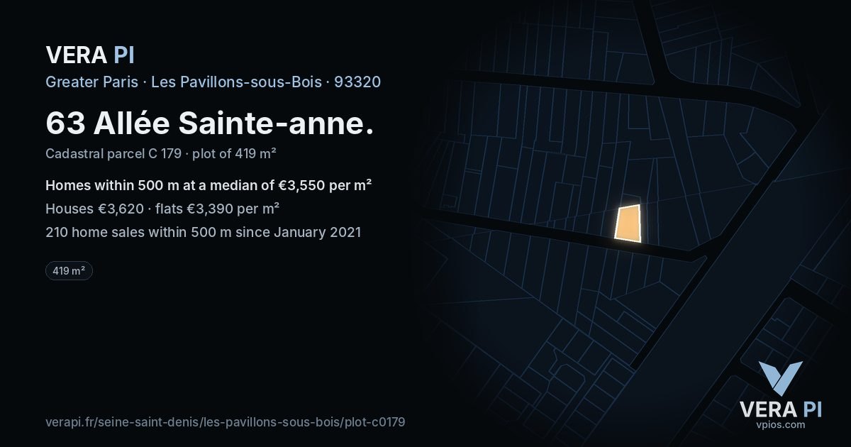 63 Allée Sainte-anne, Les Pavillons-sous-Bois at night – the plot lit, the parcels around coloured by the prices near them
