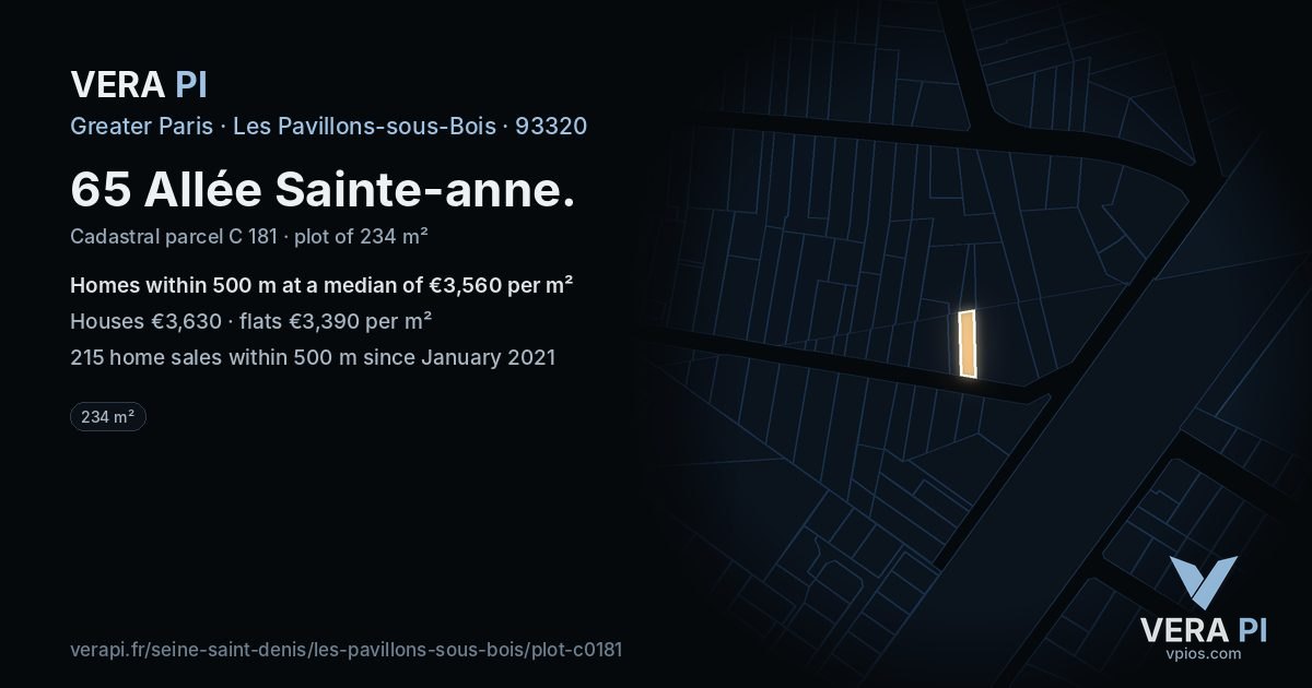65 Allée Sainte-anne, Les Pavillons-sous-Bois at night – the plot lit, the parcels around coloured by the prices near them