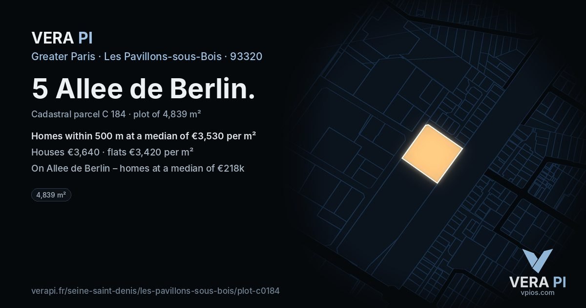 5 Allee de Berlin, Les Pavillons-sous-Bois at night – the plot lit, the parcels around coloured by the prices near them