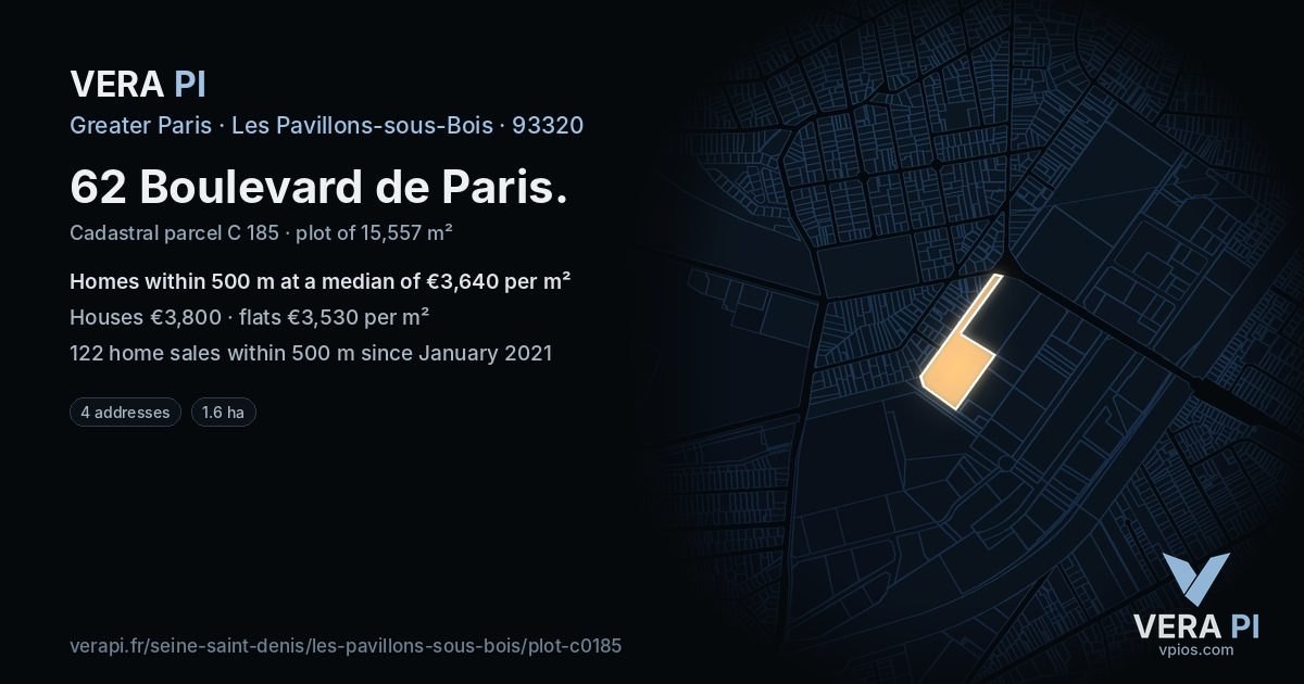 62 Boulevard de Paris, Les Pavillons-sous-Bois at night – the plot lit, the parcels around coloured by the prices near them