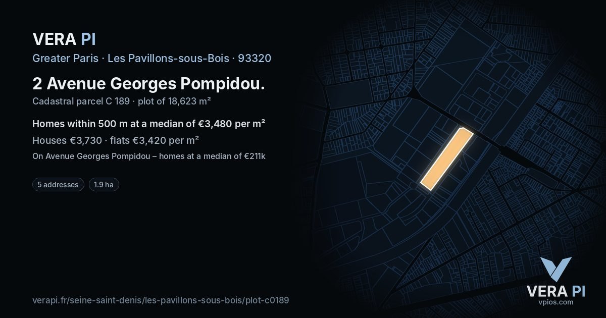 2 Avenue Georges Pompidou, Les Pavillons-sous-Bois at night – the plot lit, the parcels around coloured by the prices near them