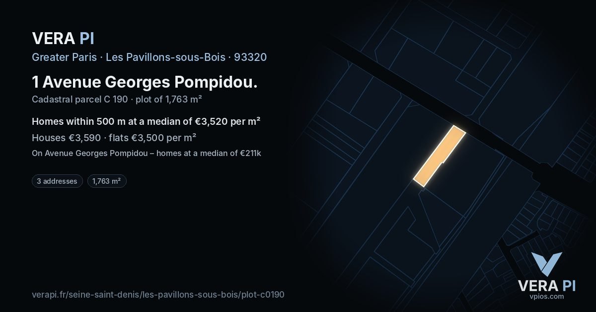 1 Avenue Georges Pompidou, Les Pavillons-sous-Bois at night – the plot lit, the parcels around coloured by the prices near them