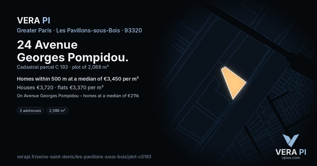 24 Avenue Georges Pompidou, Les Pavillons-sous-Bois at night – the plot lit, the parcels around coloured by the prices near them