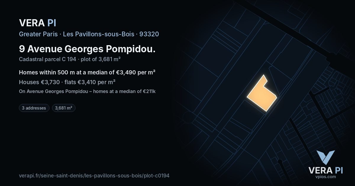 9 Avenue Georges Pompidou, Les Pavillons-sous-Bois at night – the plot lit, the parcels around coloured by the prices near them