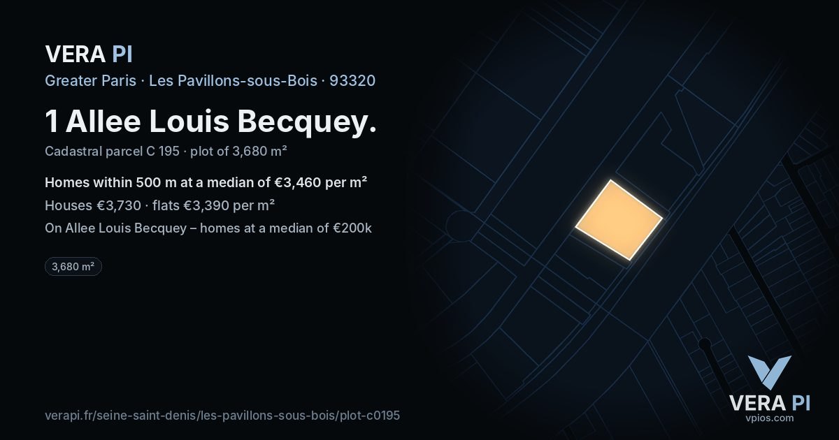 1 Allee Louis Becquey, Les Pavillons-sous-Bois at night – the plot lit, the parcels around coloured by the prices near them