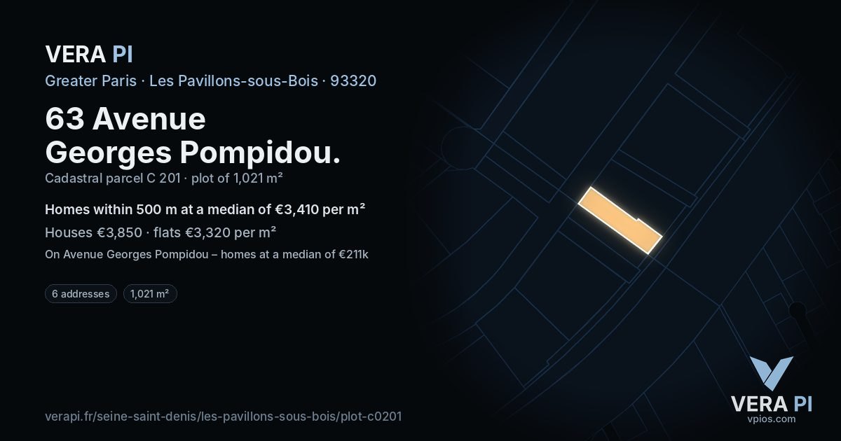 63 Avenue Georges Pompidou, Les Pavillons-sous-Bois at night – the plot lit, the parcels around coloured by the prices near them