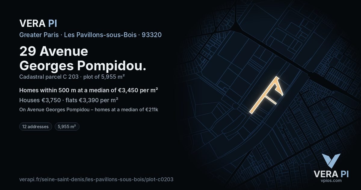 29 Avenue Georges Pompidou, Les Pavillons-sous-Bois at night – the plot lit, the parcels around coloured by the prices near them