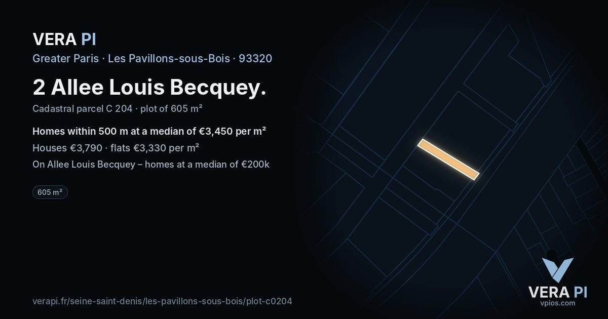 2 Allee Louis Becquey, Les Pavillons-sous-Bois at night – the plot lit, the parcels around coloured by the prices near them