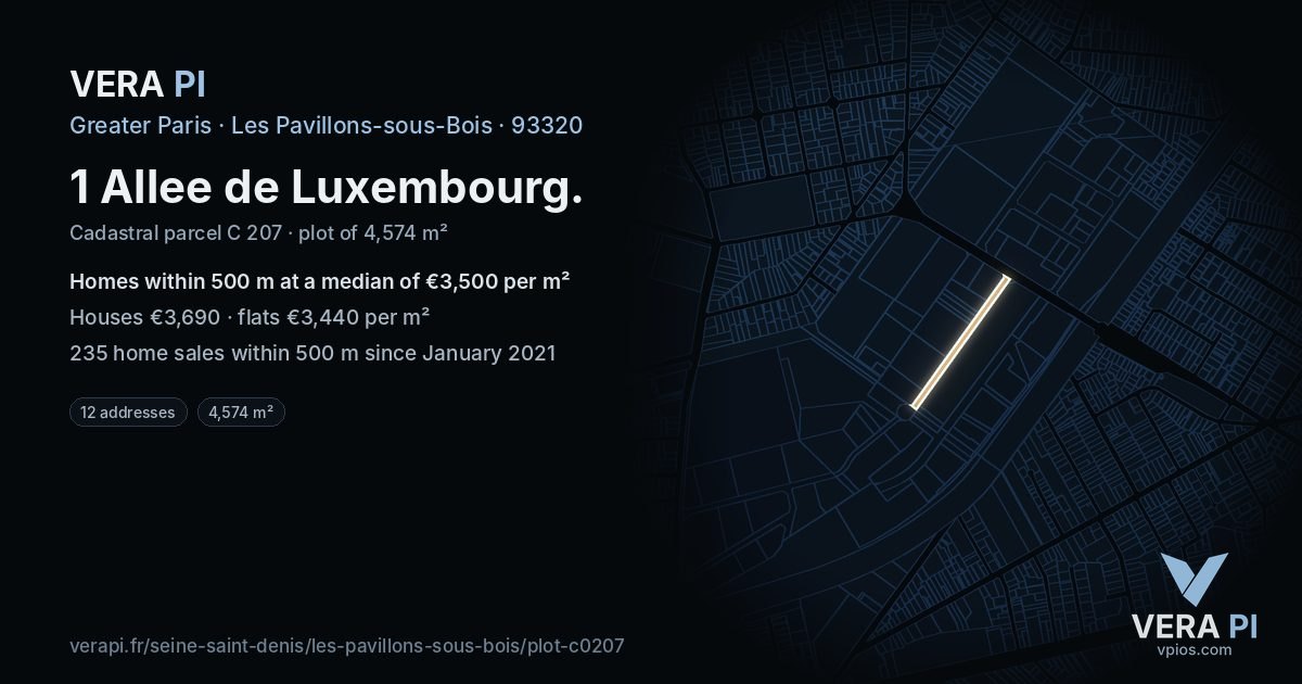 1 Allee de Luxembourg, Les Pavillons-sous-Bois at night – the plot lit, the parcels around coloured by the prices near them