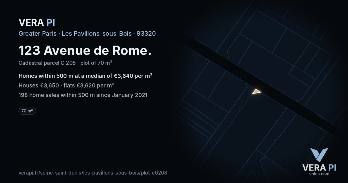 123 Avenue de Rome, Les Pavillons-sous-Bois at night – the plot lit, the parcels around coloured by the prices near them