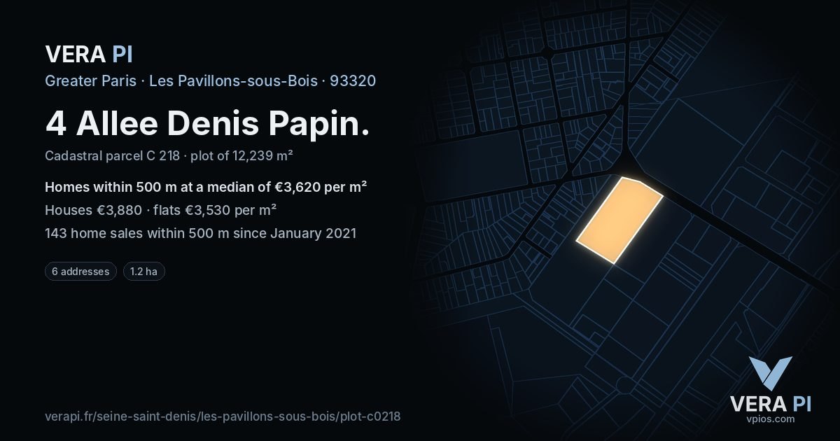 4 Allee Denis Papin, Les Pavillons-sous-Bois at night – the plot lit, the parcels around coloured by the prices near them