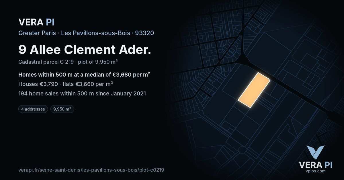 9 Allee Clement Ader, Les Pavillons-sous-Bois at night – the plot lit, the parcels around coloured by the prices near them