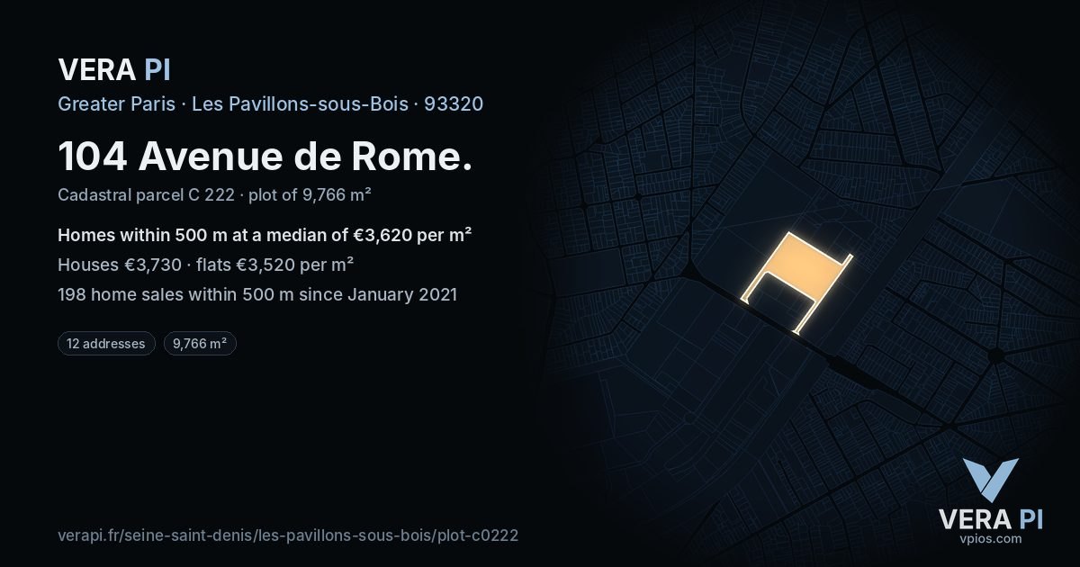 104 Avenue de Rome, Les Pavillons-sous-Bois at night – the plot lit, the parcels around coloured by the prices near them