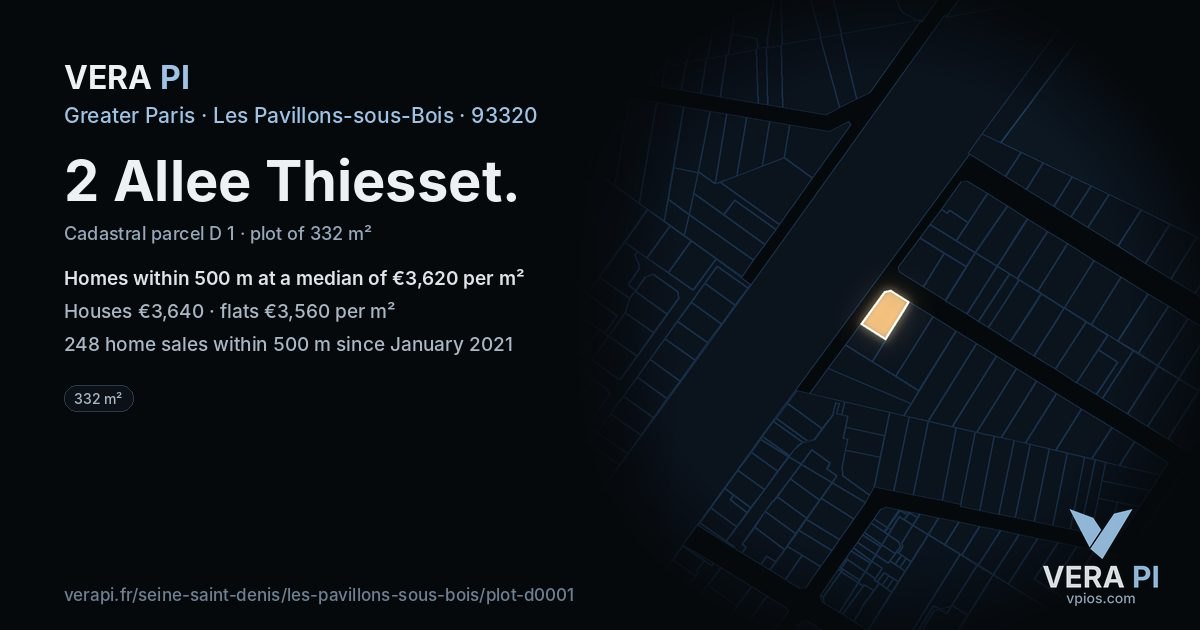 2 Allee Thiesset, Les Pavillons-sous-Bois at night – the plot lit, the parcels around coloured by the prices near them