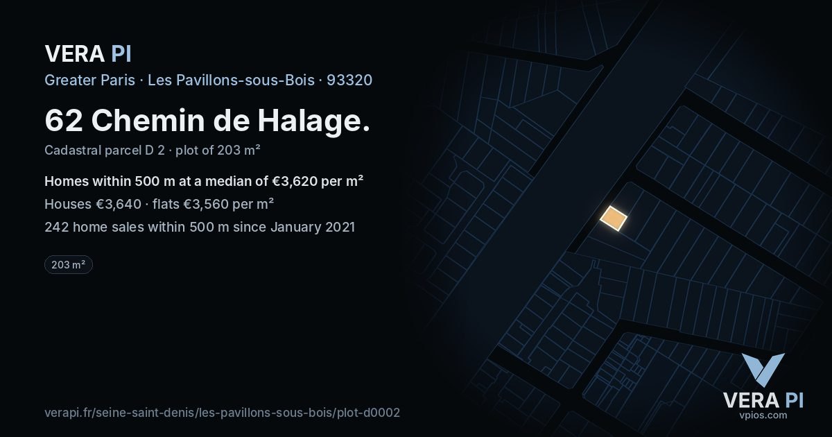 62 Chemin de Halage, Les Pavillons-sous-Bois at night – the plot lit, the parcels around coloured by the prices near them