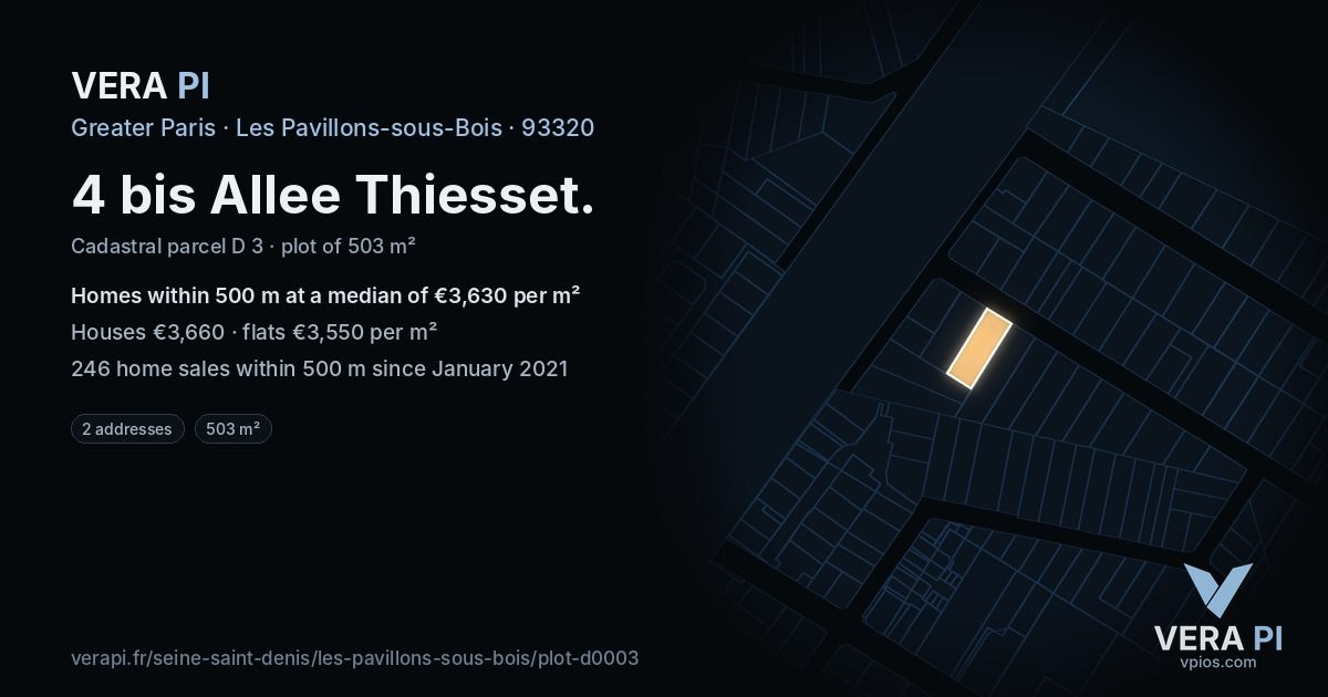 4 bis Allee Thiesset, Les Pavillons-sous-Bois at night – the plot lit, the parcels around coloured by the prices near them